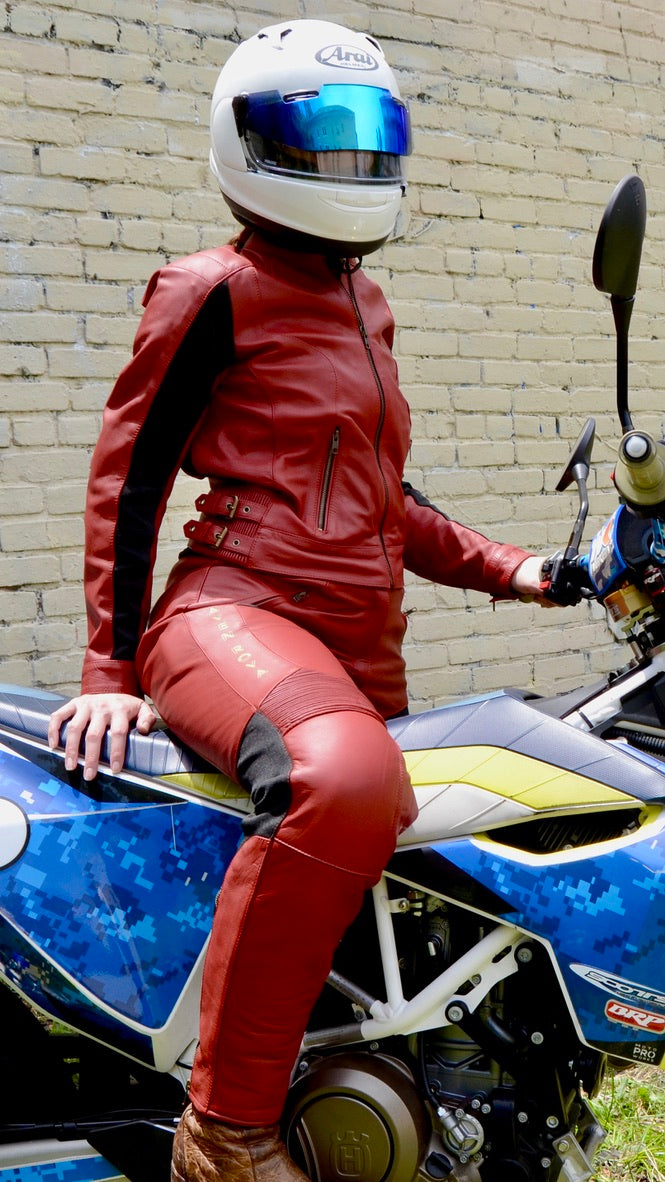 Red leather pants and jacket shop